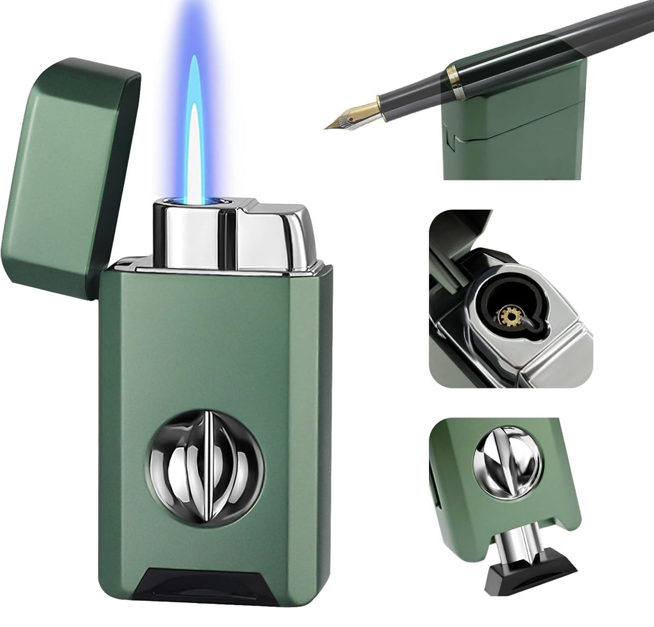 All-in-One Torch Lighter, Built-in Cutter, Holder Function, Jet Flame Butane Refillable Lighter, Gifts for Men, Adjustable Flame, Windproof Multifunct