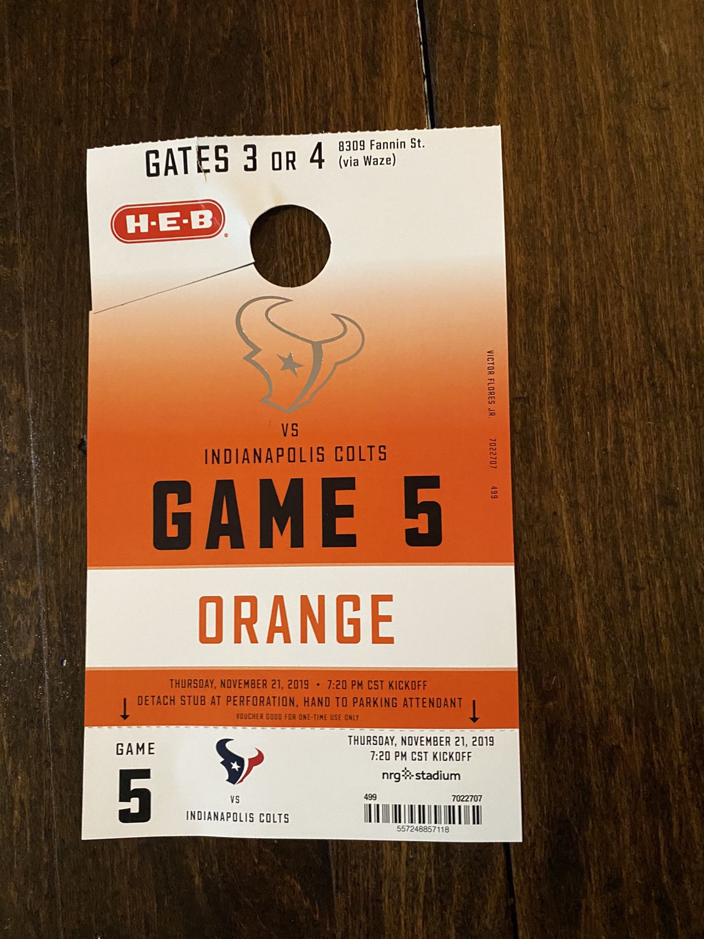 Texans Colts Orange parking pass