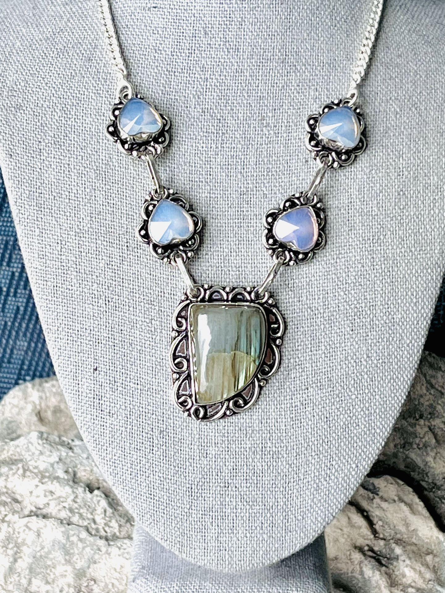 Labradorite & Opalite Heart Sterling Silver 18” Gemstone Necklace