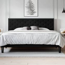 King Size Bed Frame, Velvet Upholstered Platform Bed with Adjustable Diamond But