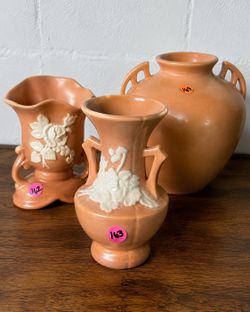 Vintage Weller Pottery Peach Floral Vase Set — 3 Pieces