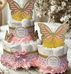 BUTTERFLY KISSES pink gold girl baby shower diaper cake gift centerpiece