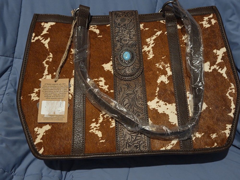 Tony Lama Western Womens Leather Tote Bag Hair On Turquoise Concho Scroll