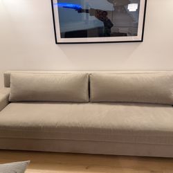 RESTORATION HARDWARE 9FT MODENA VELVET LATTE COUCH