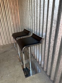 Modern Chrome and Steel Black Leather Bar Stools - Set of 2