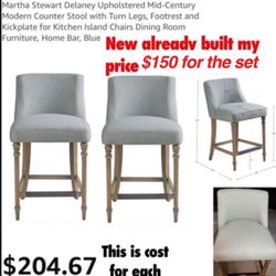 New Martha Stewart Delaney Upholstered Mid-Century Modern Counter Stool with Turn Legs, Footrest and Kickplate for Kitchen Island Chairs $150 Firm no 