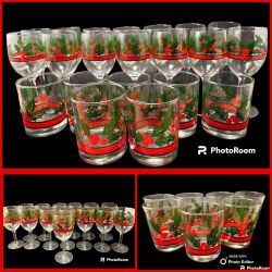 VTG Libbey Glass Christmas Holly & Berries Rock Tumblers (7) & Wine Glasses (14) LOT