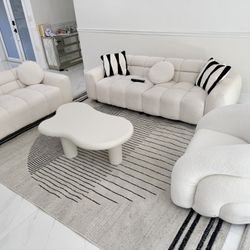Modern Luxury Living Room Set — 2 Sofas, Chair, Coffee Table + Rug & Pillows — Like New 