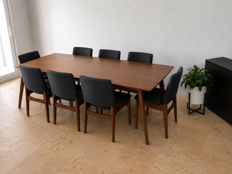 Seno Walnut Dining Table for 8 with Nosh Denim Blue Walnut Dining Chairs