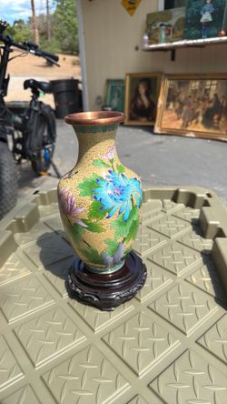 Cloisonné Floral Vase with Wooden Stand