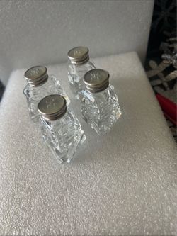 VTG 4Crystal Salt/Pepper Shakers w/ Sterling Silver & Mother of Pearl Lids 1.85”