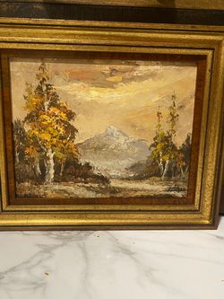 Vintage Original T. Azern Oil Painting - Mountain Landscape with Gold Frame