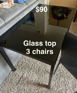 Blk glass top table + 3 chairs