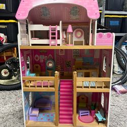 Wooden Dollhouse w/ Furniture – 3 Story (Approx. 3 ft Tall)