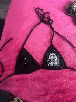 Black Triangle Bikini Top with Graphic Patch anime emo punk patch