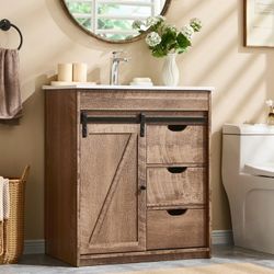 30'' Farmhouse Bathroom Vanity with Sink, Barn Door & 3 Drawers Storage Cabinet,Light Brown