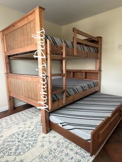 Solid Wood Full Bunk Bed With Twin Trundle And Memory Foam Mattresses $1,500