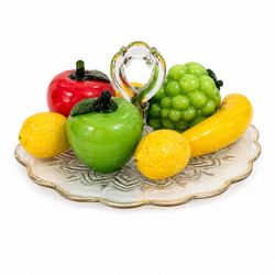 Antique Vintage Glass Fruit Centerpiece Set on Scalloped Tray Decorative Faux Fruit Display Retro Kitchen Table Decor
