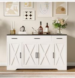 55-Inch Buffet Cabinet with Storage,3 Drawers, and Barn Doors  Large, Modern Wooden Buffet Table,Storage Cabinet for Dining Room, Kitchen, and Living 