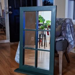 Rustic Farmhouse Window Pane Mirror – Vintage Green Wood Frame