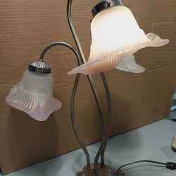 Vintage L&L WMC Brass Lily Lamp Gooseneck 3 Stem Pink Frosted Glass Art Nouveau