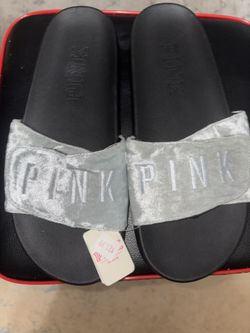 NWT Victorias Secret PINK velvet Slides Shoes Medium Velcro Closure Gray