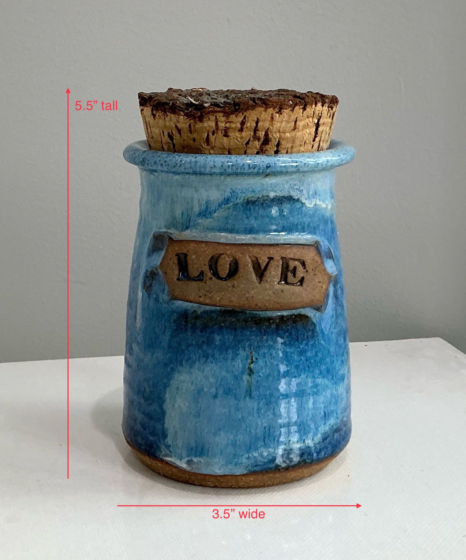 Signed Tug Mountain Studio Art Pottery Blue “Love” Canister Jar With Cork Lid