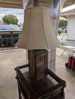 Set of Table Lamps with Wood Block Base