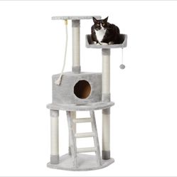 Cat Condo Tree Tower With Scratching Post And Step Ladder - 19 x 19 x 52 Inches, Light