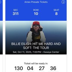 2 BILLIE EILISH TICKETS | KASEYA CENTER OCT 11