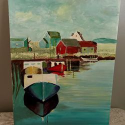 Signed Original Unframed Painting-Canvas Stretched Over Wood Frame-Boat Scene