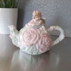 Vintage Avon Angel Cherub Tea Pot With Pink Flower Accents.