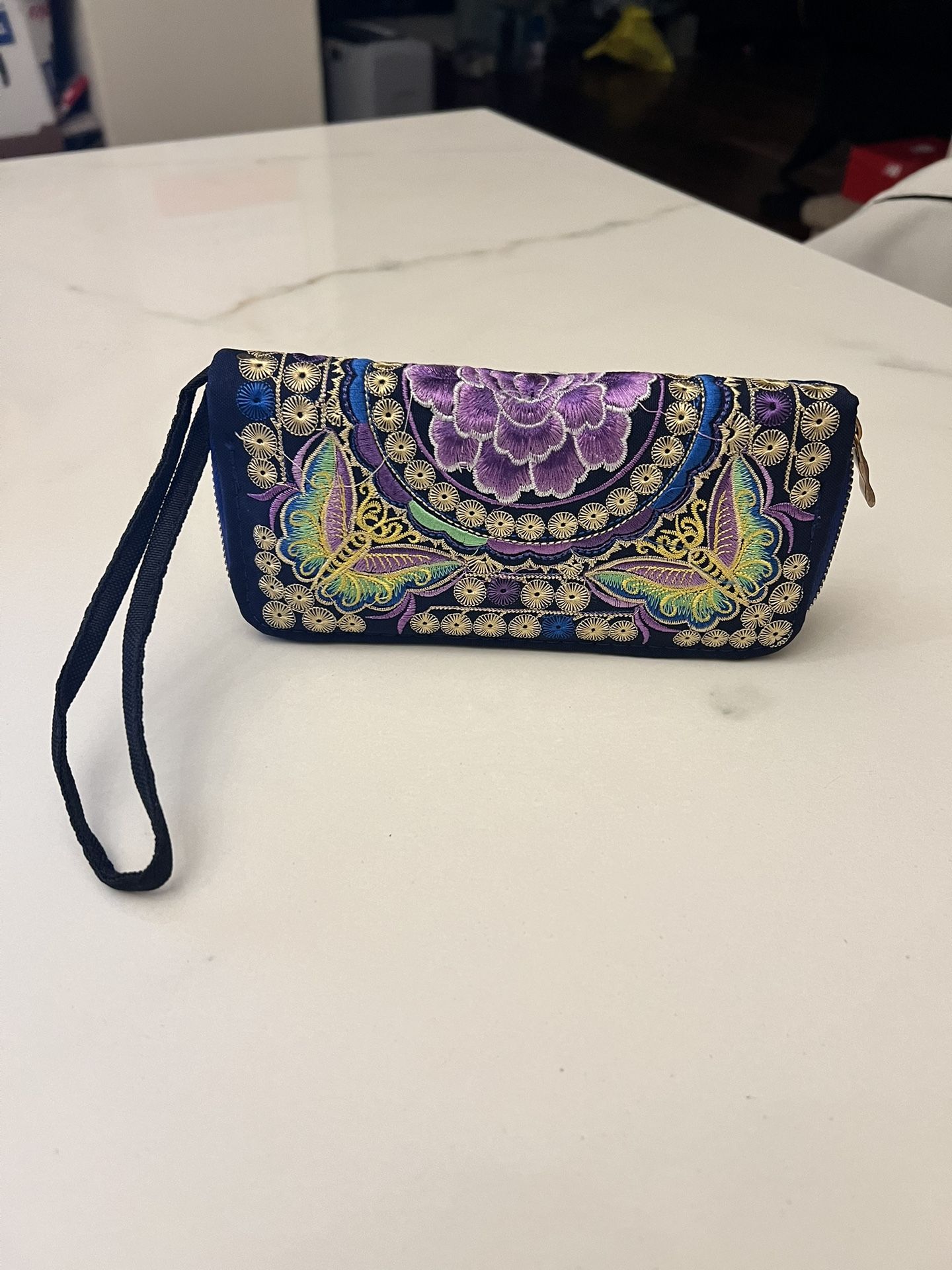 *New* Handmade Embroidered Boho Wallet with a Butterfly and Floral Design
