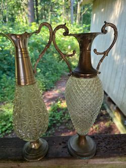 Vintage Cut Glass and Brass Decanter Set