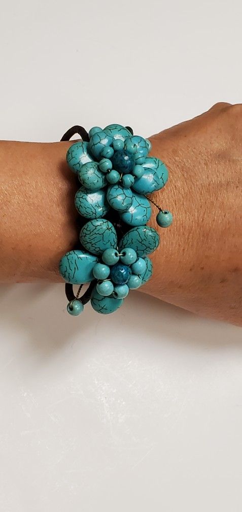 Vintage Bohemian Floral Cotton Rope Faux Turquoise Stone Wire Cuff Bangle