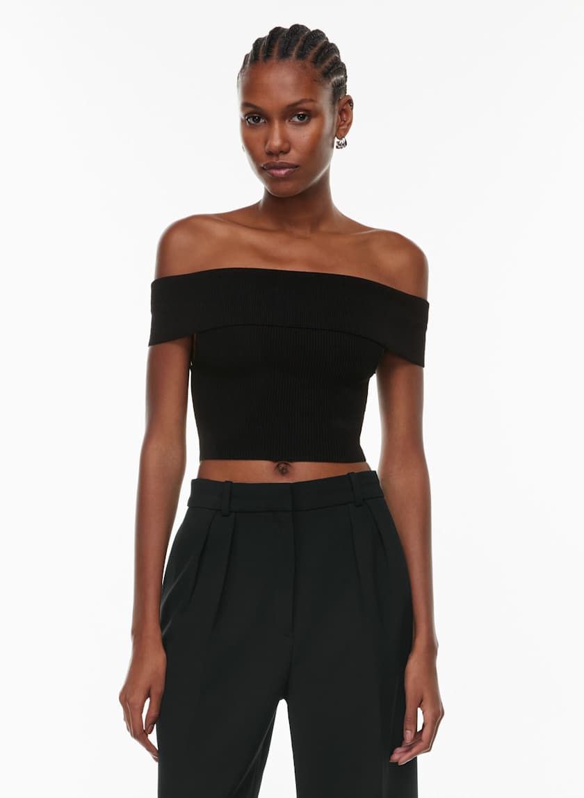 Babaton Aritzia Sculpt Knit Black Ribbed Off Shoulder Top Size S-M