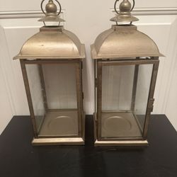 Set of 2 Gold Metal And Glass Lanterns Candle Holders