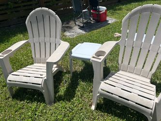 FREE - Beige Plastic Adirondack Chairs & Small Table