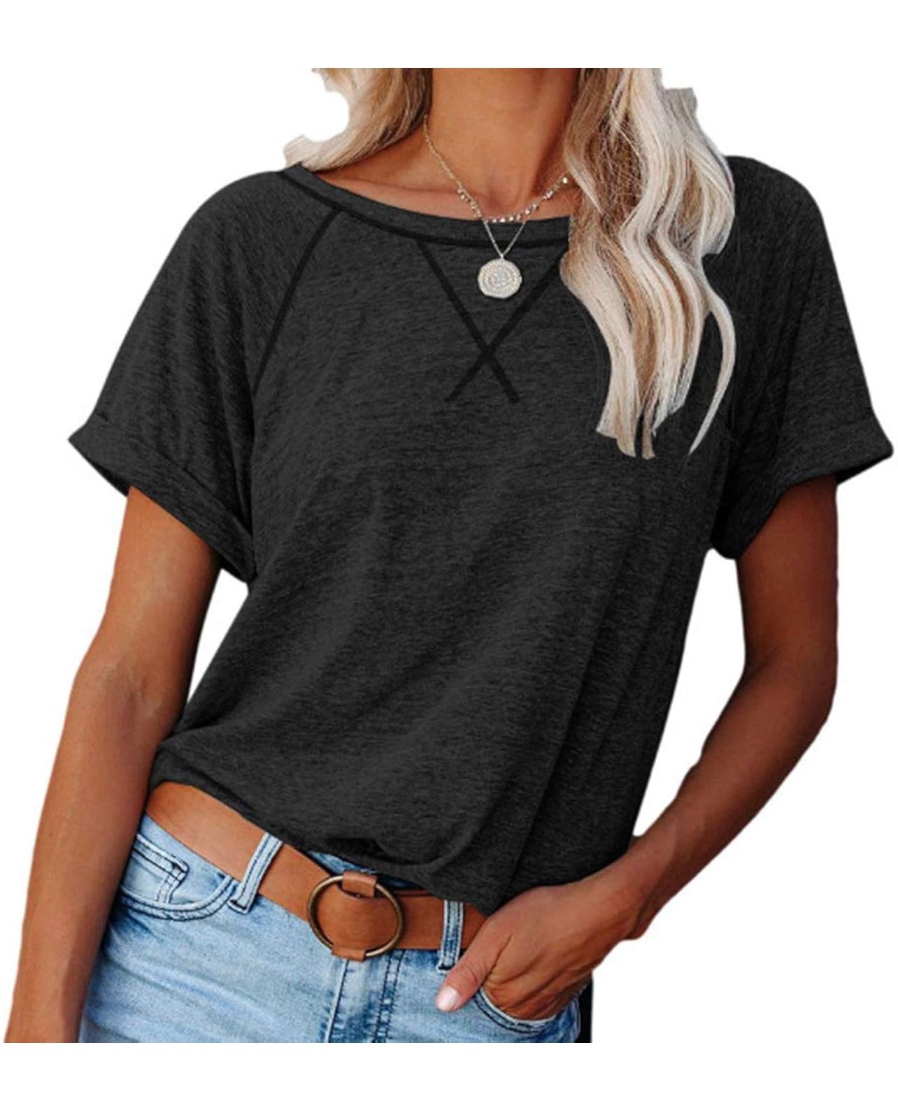 Womens Summer Casual T-Shirts Ring Hole V Neck Petal Short Sleeve Tops Loose Comfy Tunic Tops size M