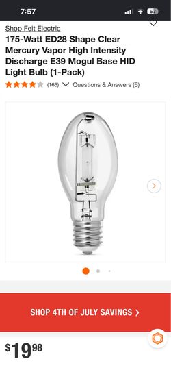 175 watt ED28 Shape Clear Mercury light bulb E39 mogul base