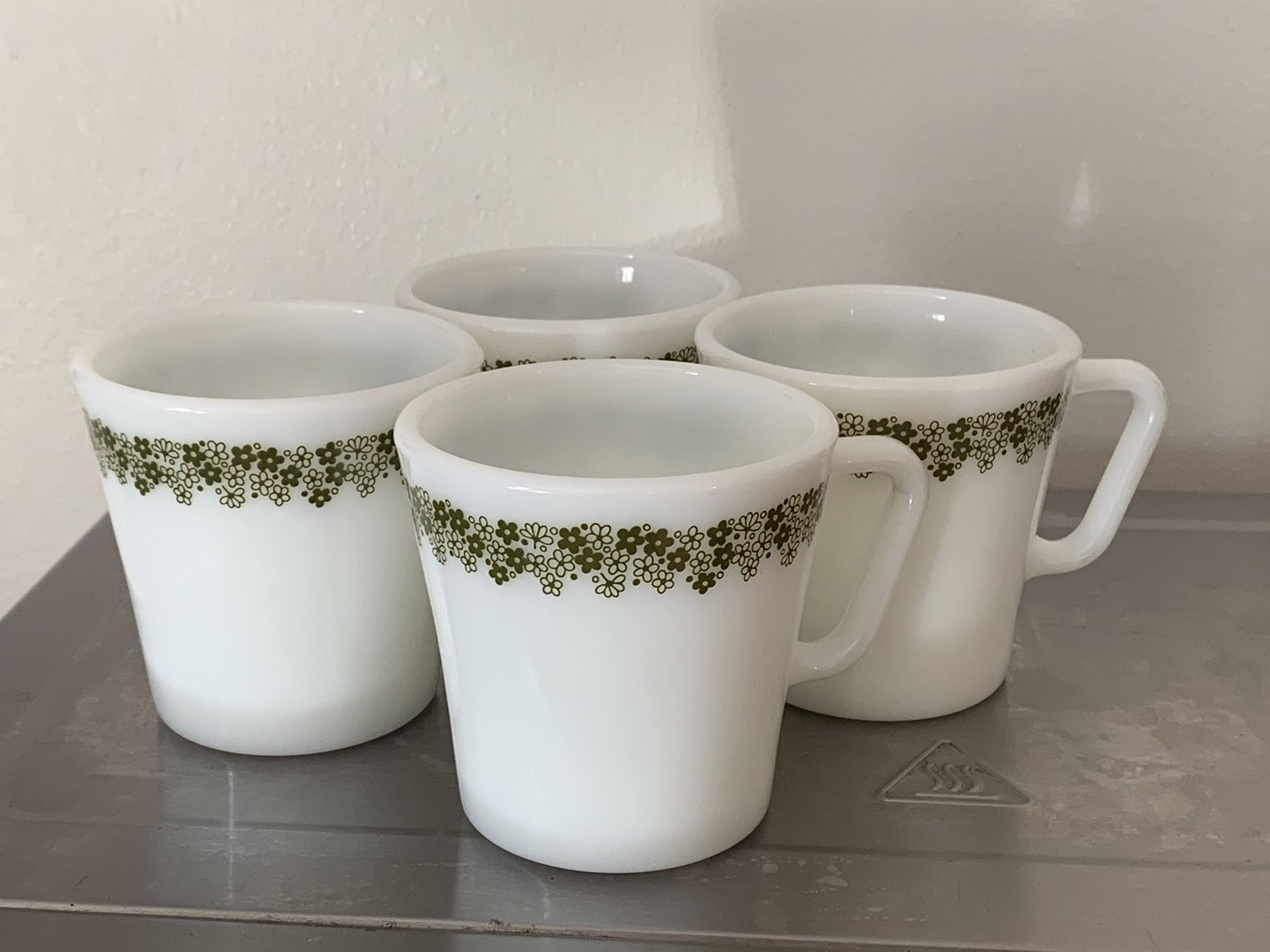 Pyrex Spring Blossom / Crazy Daisy milk glass mugs set of 4 vintage mid century