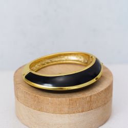 Lanvin Paris 1970s Modernist Black Gold Hinged Bangle Bracelet, 3x2”