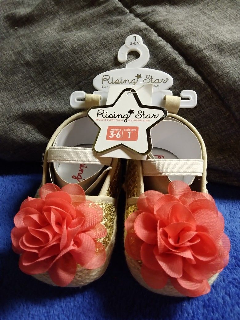 Brand-new w/ Tag.. Rising Star: Gold With Pink Flower Shoes. Size: 1' (3-6M)