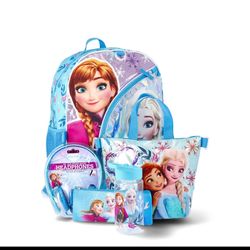 Disney Frozen Girls 6-Piece Backpack Set 17" Blue w/ Headphones & Lunch Box.