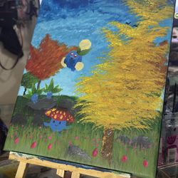 Pokemon Inspired Oddish, Vileplume, And Jumpluff Gold Reflective Paint, Nature Scenery Painting