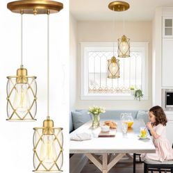 Brushed Gold  Chandelier , Modern 2-Light Pendant Lighting with Clear Glass And Gold Cage Shade