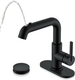 Brand New in Box)  KENES Matte Black Pull Down Bathroom Faucet, Single Handle Vanity Faucet Pull Out Bathroom Faucet with Pop Up Drain & 6 Inch Deck P