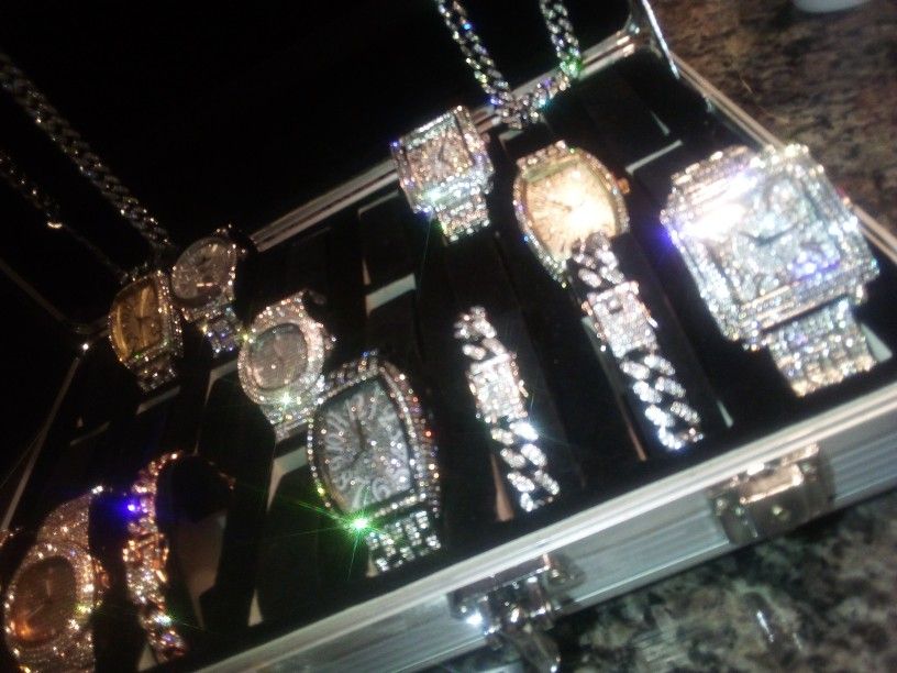 Silver Watch and Bracelet (watch) Set two pieces lab ice Flooded Ice Simulate Diamond Luxury Baguette Silver  main image 4