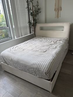 Cream Full Bed Frame w/ LED Headboard, Storage & Charging Station