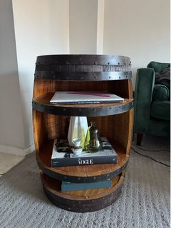 Handcrafted Whiskey Barrel Shelf Table – Rustic / Industrial Home Decor